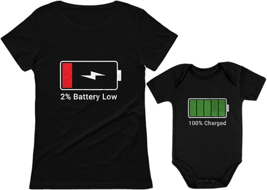 Tstars Battery Low 100% Charged Mommy and Baby Girl Boy Matching Outfits Funny Mothers Day Mother & Daughter Son Shirts