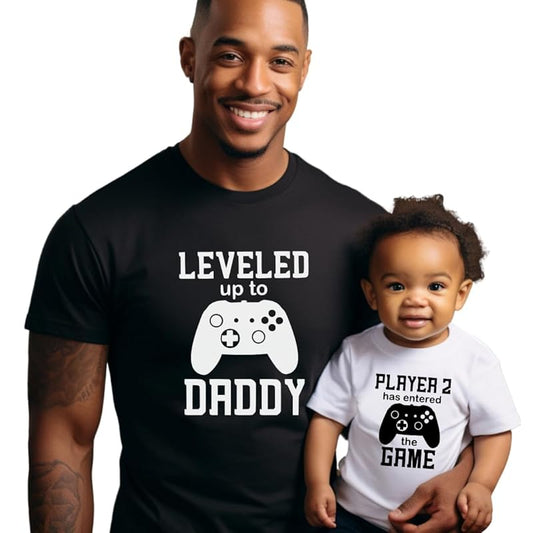 Leveled Up To Dad, Dad And Son Matching Shirts Player 1 Player 2, Father Son Matching Outfits, Fathers Day Gifts For Gamer Dad, Daddy Daughter, Matching Shirts For Father And Newborn Son.